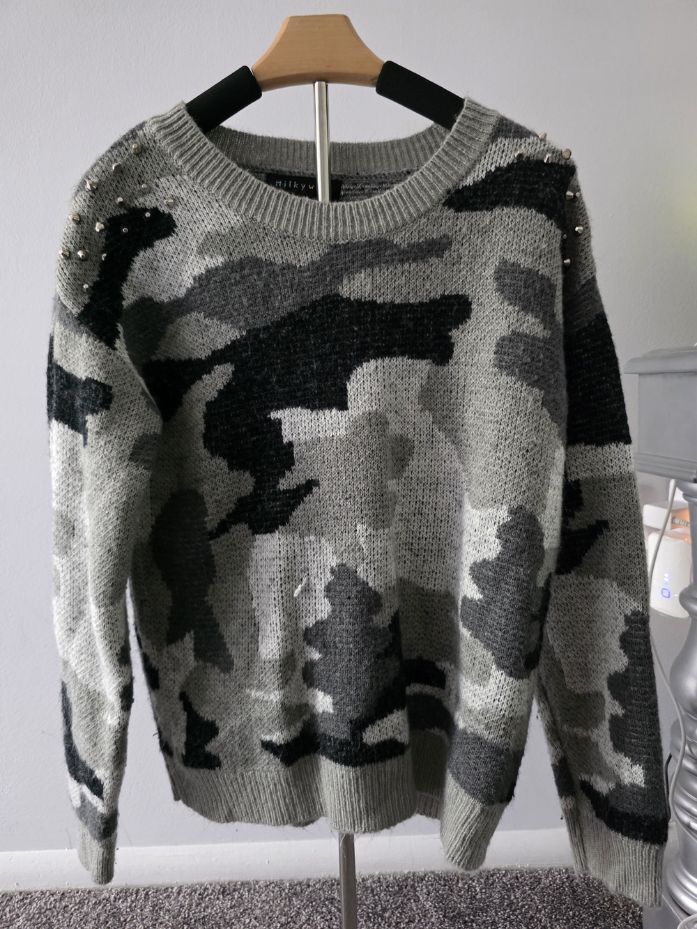 Grey Camo Crewneck Sweater with Studded Shoulders